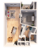 Contemporary floor plan showcasing 1 bedroom, open living area, modern kitchen, and balcony.
