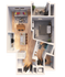 Modern floor plan displaying a one-bedroom apartment with an open living area, stylish kitchen, and private balcony.