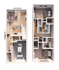 Elegant 3D floor plan of a duplex with a garage, open living area, and two spacious bedrooms.
