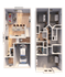 Modern two-story floor plan with three bedrooms, stylish open-plan living area, and a convenient garage.