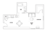 Modern floor plan featuring a Murphy bed, open kitchen with dining area, spacious living room, and a well-designed bathroom.
