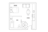 Efficient studio floor plan featuring a cozy bedroom, modern kitchen, and stylish bath with in-unit laundry.