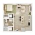 Chic studio apartment floor plan featuring a cozy bedroom area, modern kitchen, and stylish living room with natural light.