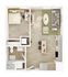 Modern one-bedroom apartment floor plan featuring an open-concept living area, stylish kitchen with breakfast bar, cozy bedroom, and elegant bathroom.