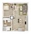 Elegant 1-bedroom apartment floor plan featuring an open living area, modern kitchen with breakfast bar, cozy bedroom, and stylish bathroom.