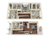 3D floor plan showcasing a spacious two-level apartment with three bedrooms, open-concept living and dining area, and a modern kitchen.
