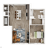 Modern 1-bedroom apartment floor plan showcasing an open-concept living area with stylish kitchen, cozy living room, and elegant bathroom.
