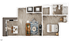 Chic floor plan with one bedroom, a cozy living area, modern kitchen, and elegant bathroom, boasting a sleek design and stylish furnishings.