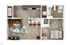 Modern A3 floor plan showcasing an open-concept layout with one bedroom, a stylish kitchen with island seating, a cozy living area, and a full bathroom.