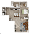Elegant 1-bedroom apartment floor plan with open-concept kitchen and living room, featuring contemporary design and ample natural light.