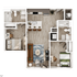 Modern 3D apartment floor plan with 2 bedrooms, cozy living area, stylish kitchen, and 2 chic bathrooms, designed for comfort and functionality.