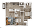 Chic floor plan showcasing a stylish 2-bedroom apartment with a modern kitchen, cozy living area, and two elegant bathrooms.