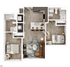 Modern 2-bedroom floor plan showcasing open kitchen with seating island, cozy living room, and two bathrooms for a stylish urban lifestyle.