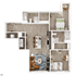 Modern floor plan showcasing a two-bedroom apartment with an open-concept living room and kitchen, two sleek bathrooms, and a cozy workspace. Elegant wood flooring adds warmth throughout the space.