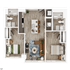 Modern floor plan with stylish design featuring 2 bedrooms, 2 bathrooms, and an open-concept living area with a kitchen island.