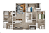 Modern 3D floor plan showcasing three bedrooms, an elegant open-concept living space, and a chic kitchen with breakfast bar seating.