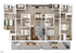 Contemporary 3-bedroom apartment floor plan showcasing an open layout with cozy living area, modern kitchen, and stylish bathrooms, perfect for comfortable living.