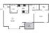 Modern floor plan showcasing a spacious one-bedroom apartment with a walk-in closet, open-concept living room, stylish kitchen, convenient laundry area, and a private patio or balcony.