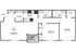 Contemporary floor plan with 2 bedrooms, 2 bathrooms, spacious living room, and kitchen, featuring a cozy patio or balcony.