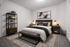 Cozy bedroom with modern decor, featuring a plush bed, stylish nightstands, and a chic shelving unit, perfect for a serene living space.