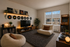Chic urban living room featuring cozy seating, retro arcade game, stylish vinyl records display, and large sunlit window.