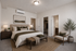 Elegant bedroom featuring a plush king-size bed, cozy seating area, and modern decor with a walk-in closet.
