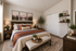 Elegant bedroom with a cozy king-sized bed, warm earth-toned decor, and serene landscape artwork, offering a tranquil retreat.