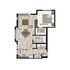 Modern studio floor plan featuring open living and dining area, walk-in closet, and a well-appointed kitchen in a stylish apartment layout.