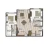 Charming floor plan showcasing a master bedroom with walk-in closet, additional bedroom, and a bright living area open to a modern kitchen.