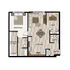 Modern floor plan showcasing one bedroom, spacious living room, kitchen with dining area, cozy den, and a convenient laundry room.