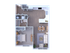 Modern 1 bedroom floor plan with an open wrap around kitchen, in-unit washer/dryer, and bathroom with a bathtub/shower combination.