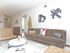 Spacious living room with a brown sofa, white coffee table, brown leather chair sitting on a white hexagon rug.