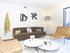 Spacious living room with a brown sofa, white coffee table, and two brown leather chairs  all sitting on a white hexagon rug.