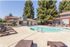 Refreshing swimming pool surrounded by relaxing pool furniture and gym, BBQ and large redwood trees.