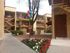 An apartment complex with a vibrant flower bed in front, featuring a sign directing to the leasing office at The Edison.