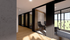 Modern office interior with sleek black frames, cozy seating area, and floor-to-ceiling windows offering abundant natural light.