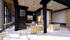Modern open-concept space with sleek wooden staircase, elegant seating, and stylish pendant lighting, creating an inviting ambiance.