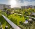Serene outdoor area of a modern apartment complex with lush greenery and palm trees.