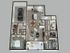 Vertical 3d rendering of 2 bedroom 2 bath floor plan with garage.