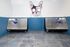 Chic pet wash station featuring dual stainless steel tubs with modern blue tile accents and playful dog mural.