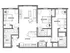 Modern floor plan showcasing 3 bedrooms, open living room, fully-equipped kitchen, and convenient laundry space.