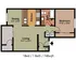 Floorplan of 1-bedroom, 1-bathroom with a spacious living area and modern kitchen in a 748 sq ft layout.