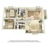 Inviting 3D floor plan showcasing a two-bedroom apartment with a cozy living room, dining area, modern kitchen, and private balcony.