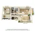 Contemporary 3D floor plan showcasing a spacious living room, cozy dining area, modern kitchen, and a comfortable bedroom.