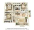 Charming 3D floor plan with three cozy bedrooms, a spacious living area, a modern open-concept kitchen, and a quaint balcony, ideal for contemporary living.
