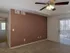 Cozy Living room with a deep brown accent wall, ceiling fan, and direct access to the patio at Willow Creek Apartments.