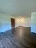Empty living room with dark wood-patterned flooring and light-colored walls, featuring a ceiling fan with lights in the center of the room. A brown door is visible on one side, and a closet door is on the opposite side, creating a clean, open space with a modern feel.