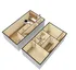 Split-level 3D layout featuring a main level with kitchen, dining, and half bath, and an upper floor with two bedrooms, a full bath, and hallway access. Includes realistic room proportions and furniture placement.