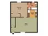 1 bedroom, 1 bathroom floor plan at Harvard Apartments in Springfield, MO. Features include a spacious living room, galley-style kitchen, full bathroom, and a large bedroom with closet space.