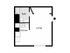Studio floor plan depicting a small living space with designated areas for a kitchen, bath, and living room, labeled for clarity.